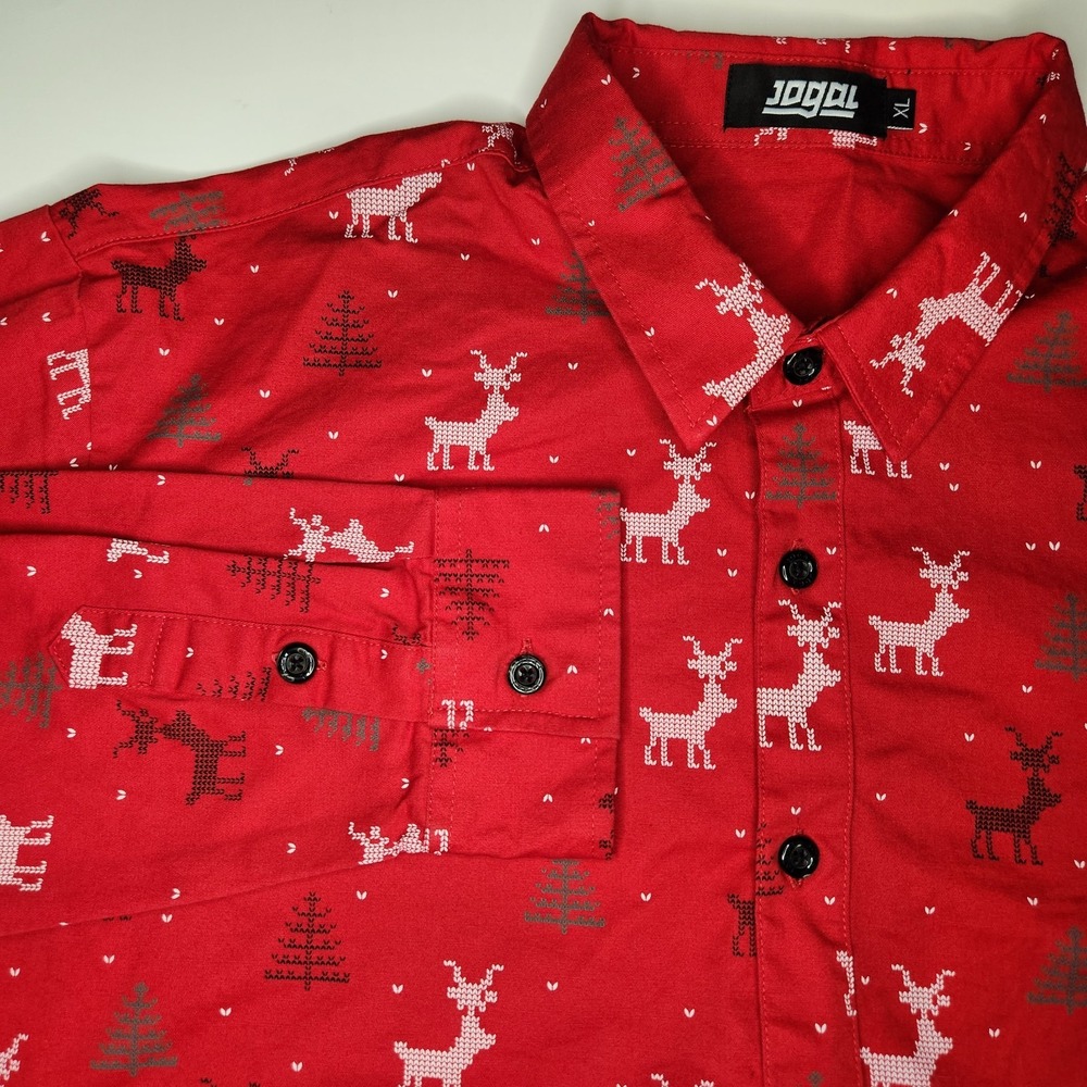JOGAL Button Up Ugly Christmas Shirt Mens XL Long Sleeve Red  Holiday Reindeer